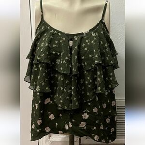 Lauren Conrad Ruffled Floral Top Green with Pink Flowers Size L